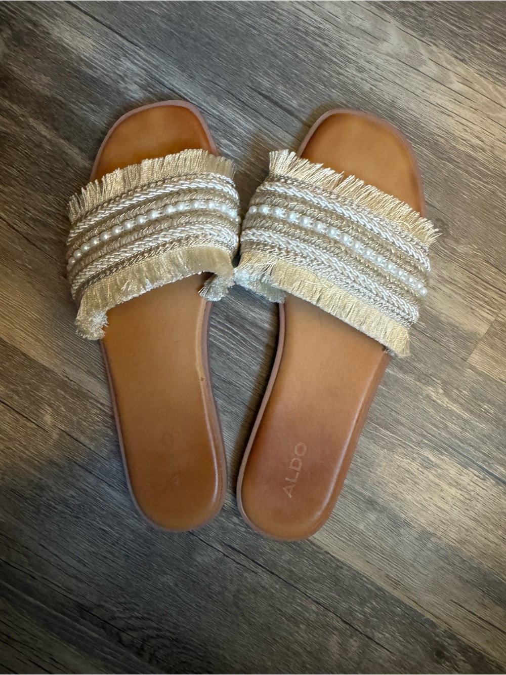ALDO Cream Fringed Slide Sandals with Tan Footbed